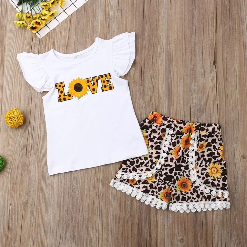 Sunflower Love Leopard Print Shorts Girls Outfit